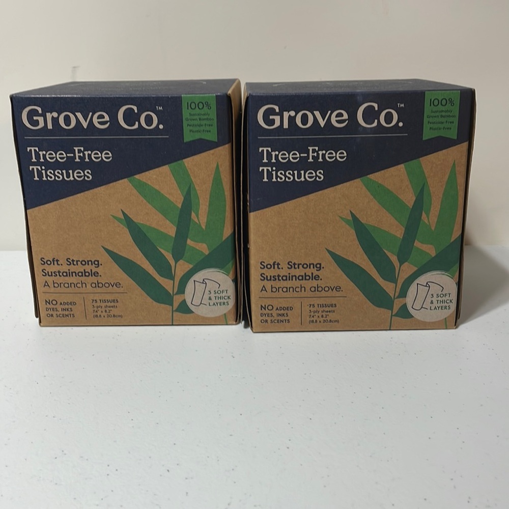 Lot of 2 Organic Facial Tissues, Tree-Free 100% Bamboo, 75 Tissues 3-ply